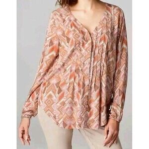 J.Jill Boho Artisan Print Peasant Blouse S Rayon Pink Tan Flowy Top